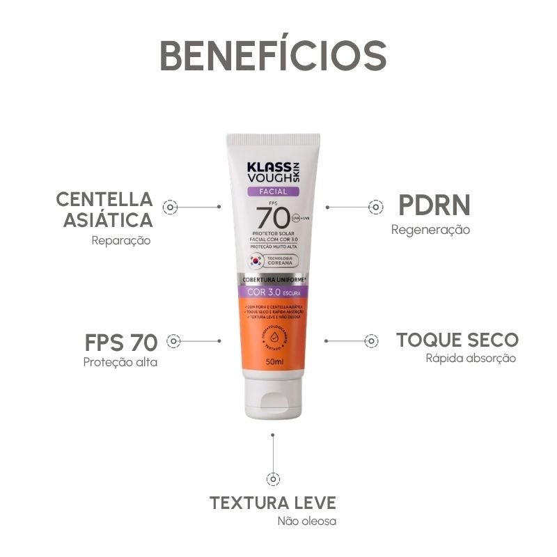 Protetor Solar Facial Cor 03 Escura FPS 70 Toque Seco 50ml