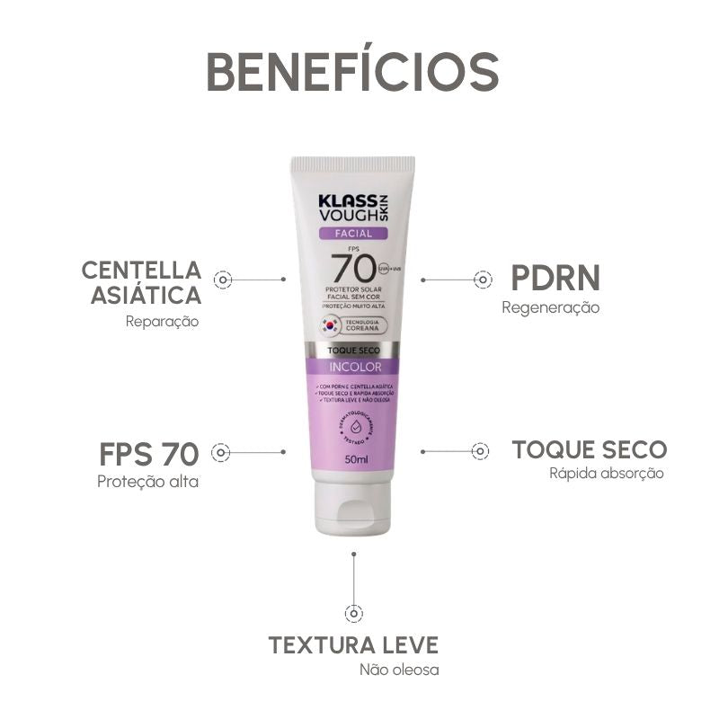 Protetor Solar Facial Incolor FPS 70 Toque Seco 50ml