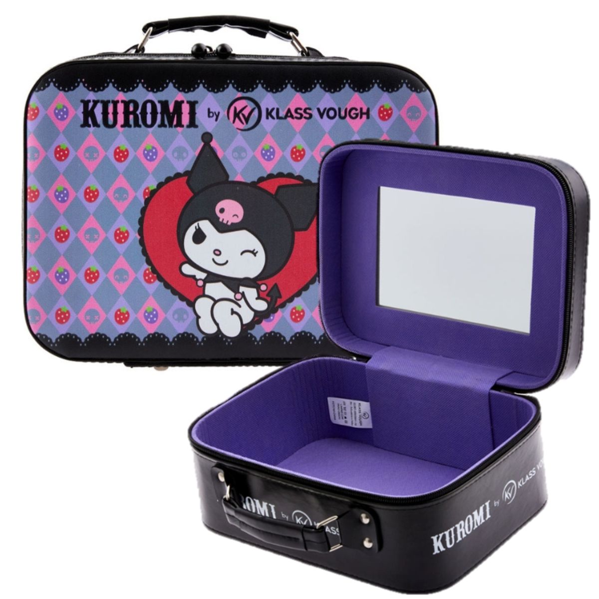 Mini Bolsa para Maquiagem com Espelho Preta e Lilás Kuromi
