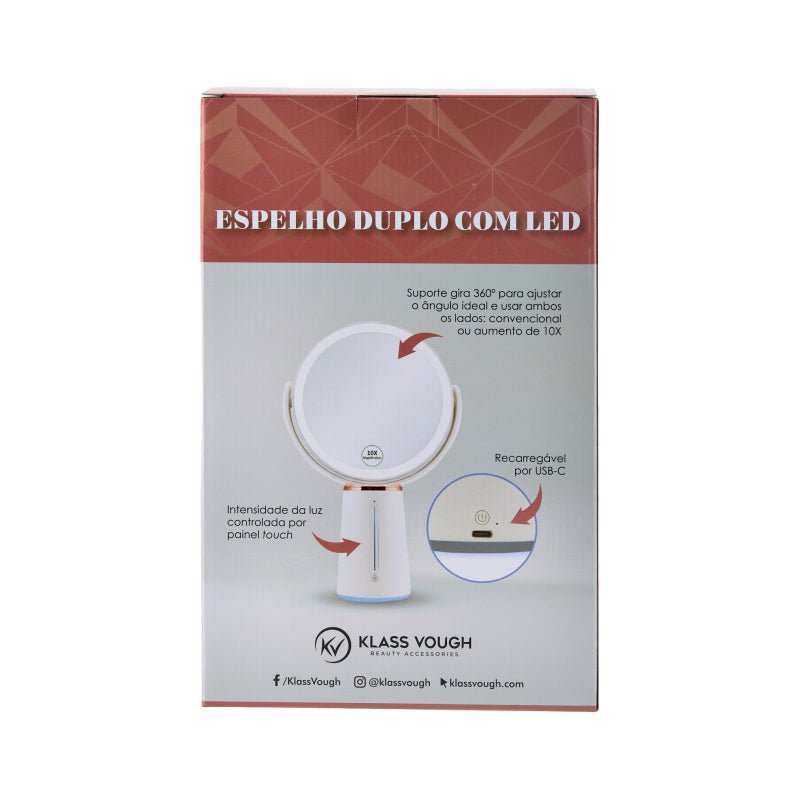 Espelho Dupla Face de Aumento 10x com Led e Suporte para Mesa - Klass Vough