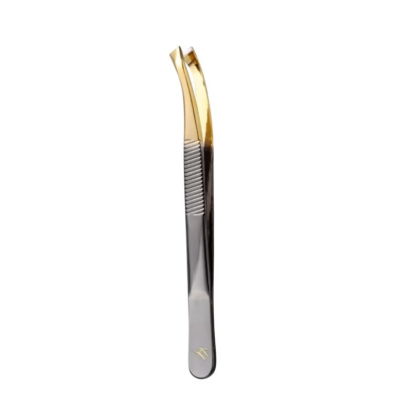 Pinça Profissional Curva Ponta Chanfrada Dourada Esterilizável TW-OR122 - Klass Vough